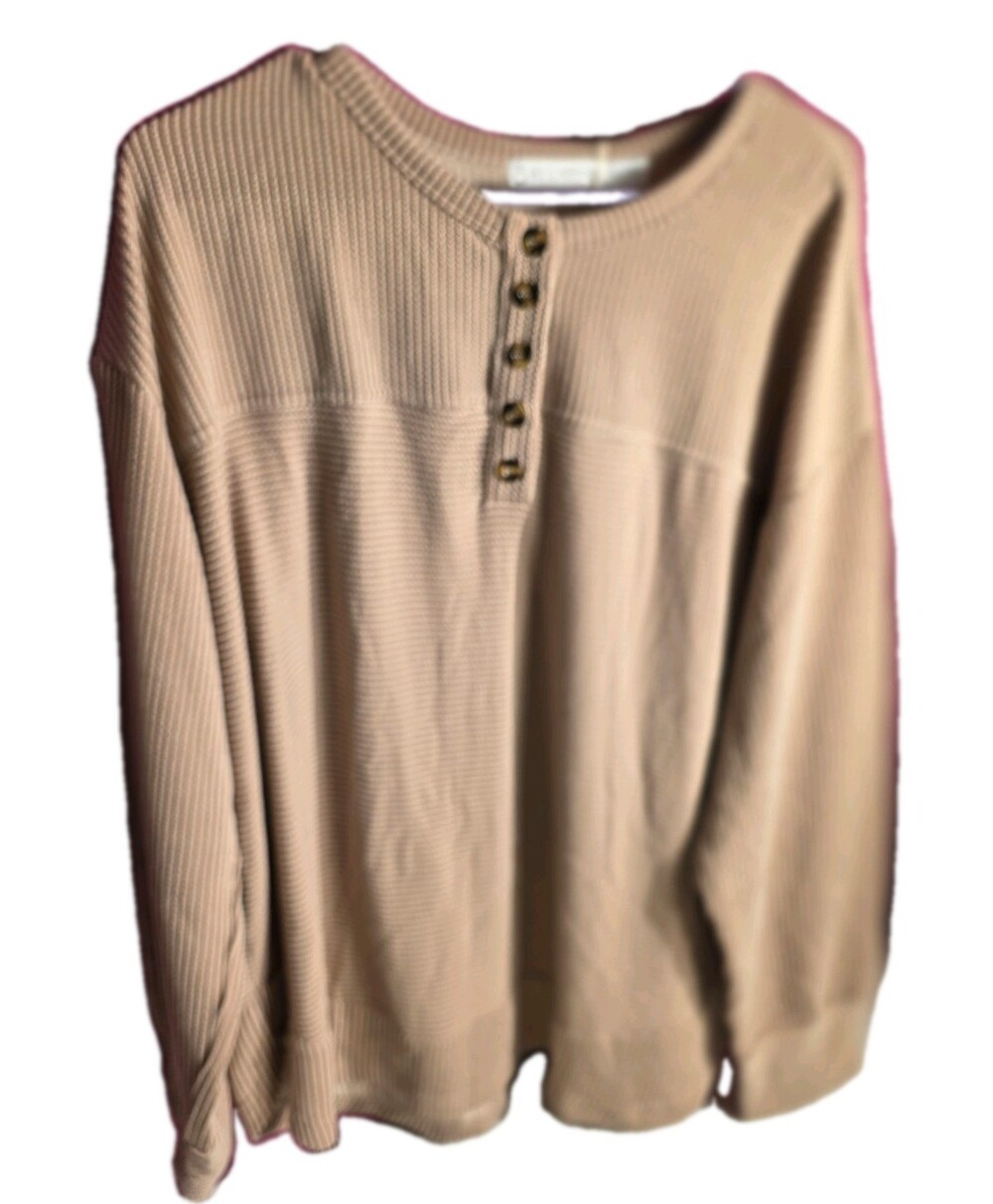 NWT Oki Laphee Tan Waffle Knit Henley Top Long Sleeve Button Placket Size 14/XXL
